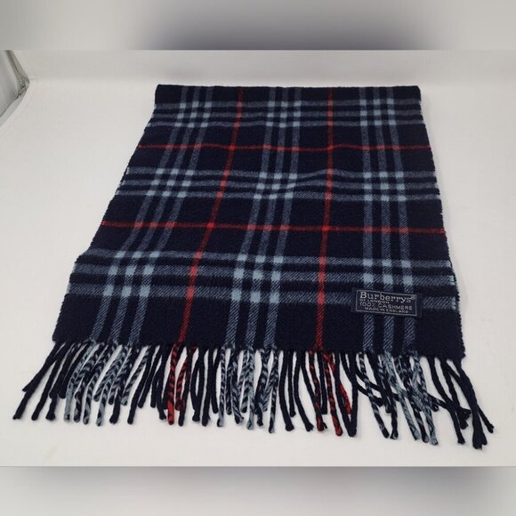 Burberry Vintage Scarf Nova Check Cashmere Wool England Navy 90s Y2K 53" x 12" - Picture 1 of 13